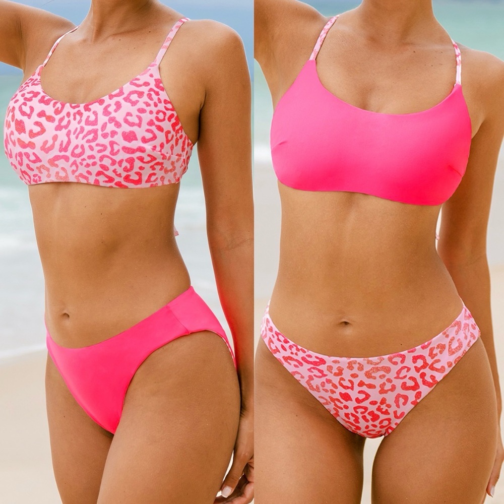 Reversible Pink Leopard Print Bralette & Bottoms Bikini Set